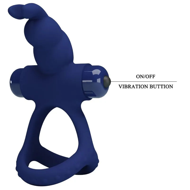 Anneau pénien vibrant bleu en silicone, forme ergonomique, bouton on/off, 10 fonctions, compact et silencieux.