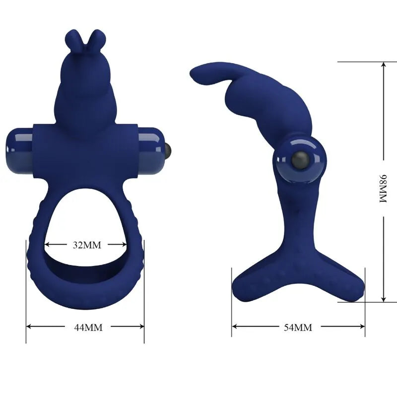 Anneau pénien vibrant bleu en silicone, forme ergonomique, 10 fonctions, compact, silencieux, pile AAA, durable.