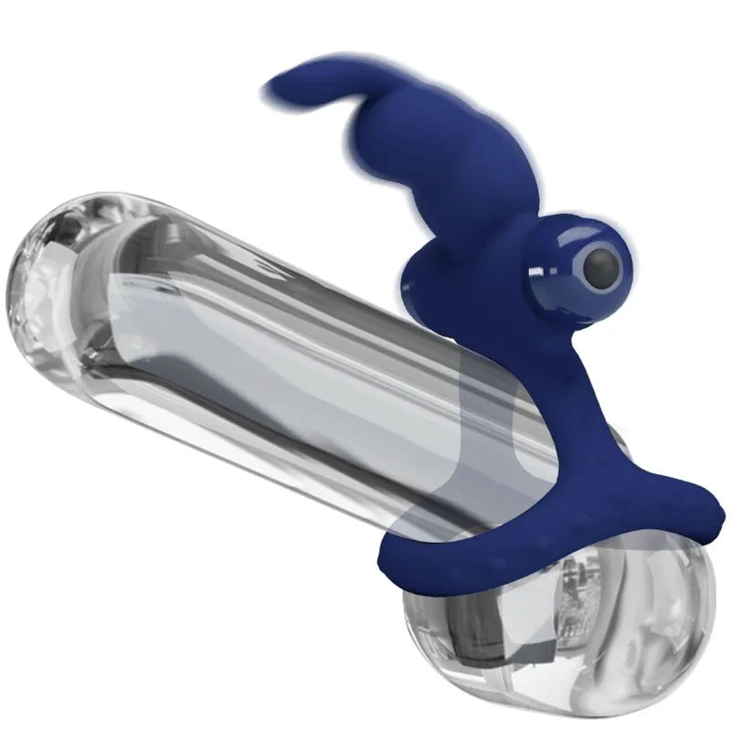 Anneau pénien vibrant bleu en silicone, forme ergonomique, compact, avec 10 fonctions de vibration, pile AAA.