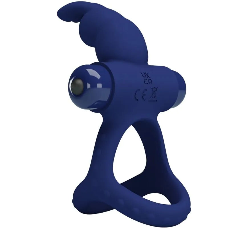 Anneau pénien vibrant bleu en silicone, forme ergonomique, 10 fonctions, compact, pile AAA, emballage écologique.