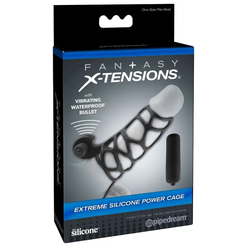 Anneau pénien silicone noir vibrant, stimulation clitoridienne, ergonomique, étanche, sur fond d'emballage bleu.