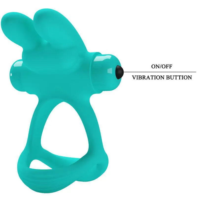 Anneau pénien silicone vert vibrant, oreilles lapin, bouton vibration, imperméable, extensible, design ergonomique.