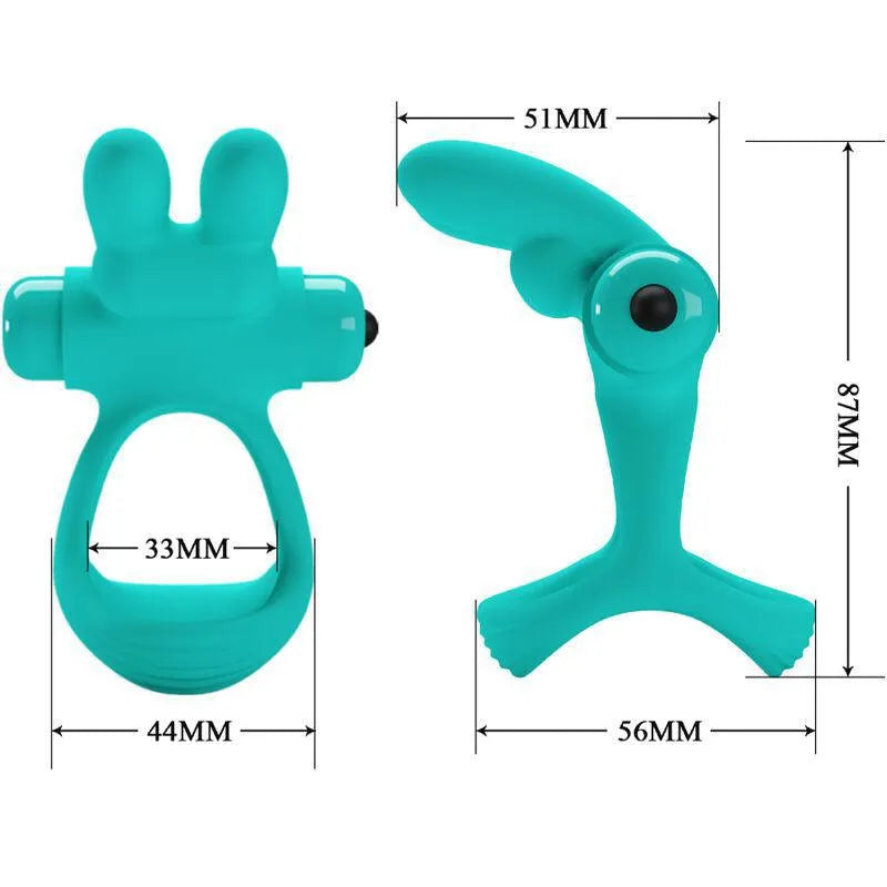 Anneau pénien silicone vert vibrant, oreilles lapin, dimensions visibles, imperméable, dix modes, hypoallergénique.