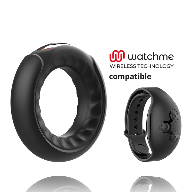 Anneau érectile silicone noir vibrant avec télécommande Watchme, design ergonomique, stimulation pénis et testicules.