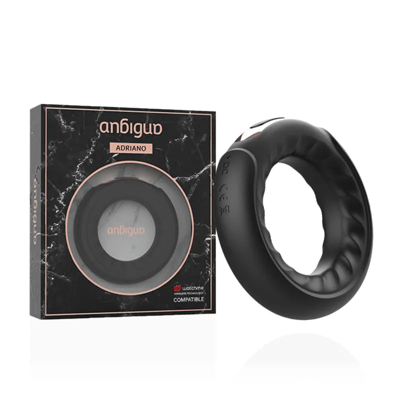 Anneau érectile noir silicone vibrant, télécommande Watchme, boîte marbrée, stimulation pénis et testicules.