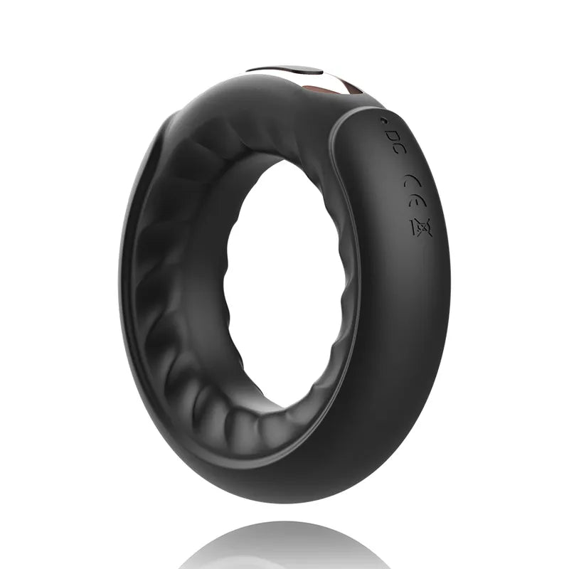 Anneau érectile silicone noir vibrant, deux moteurs, télécommande, stimulation pénis et testicules, rechargeable.