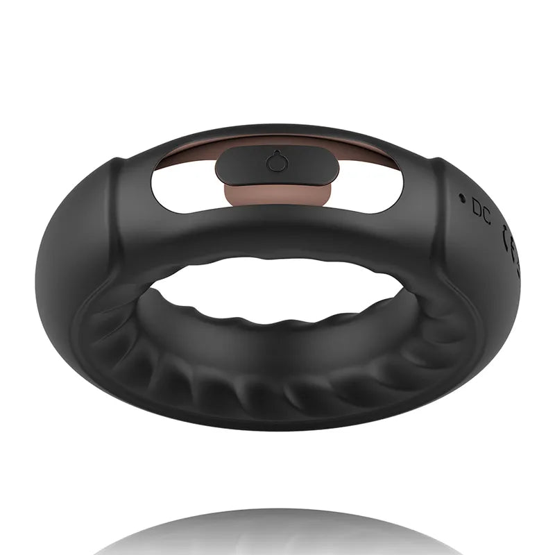 Anneau érectile silicone noir vibrant, deux moteurs, télécommande Watchme, stimulation pénis et testicules.