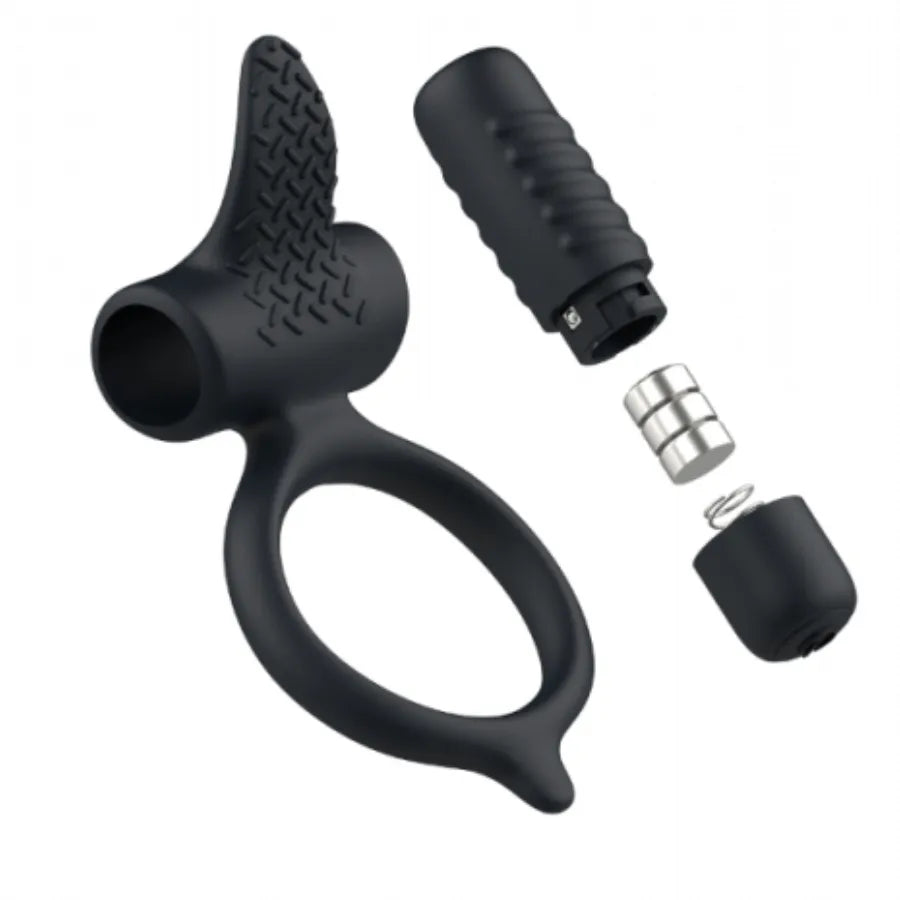 Anneau pénien noir en silicone, ergonomique, avec module vibrant détachable, pour stimulation couple et retardement érection.