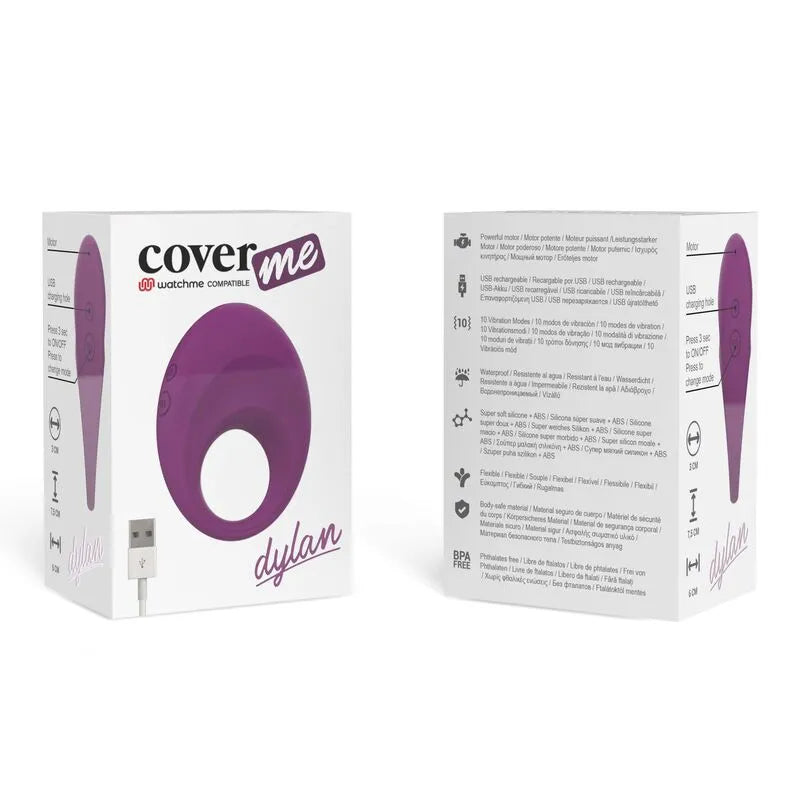 Cockring violet en silicone médical, rechargeable, avec télécommande, présenté dans un emballage blanc et violet.