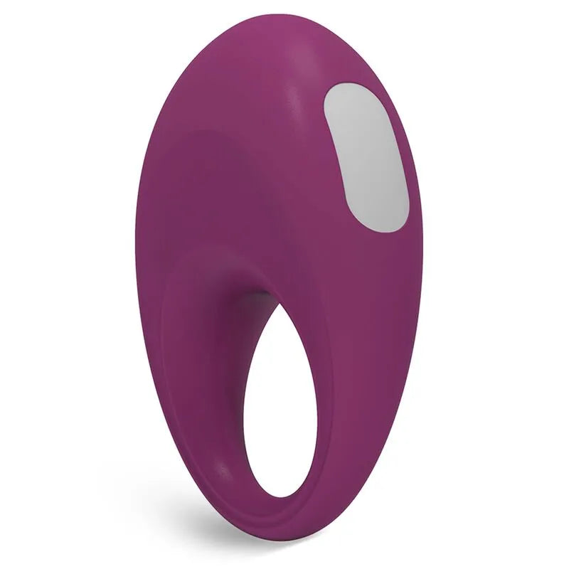 Cockring violet en silicone médical, forme ergonomique, avec zone de contrôle grise, rechargeable et étanche.