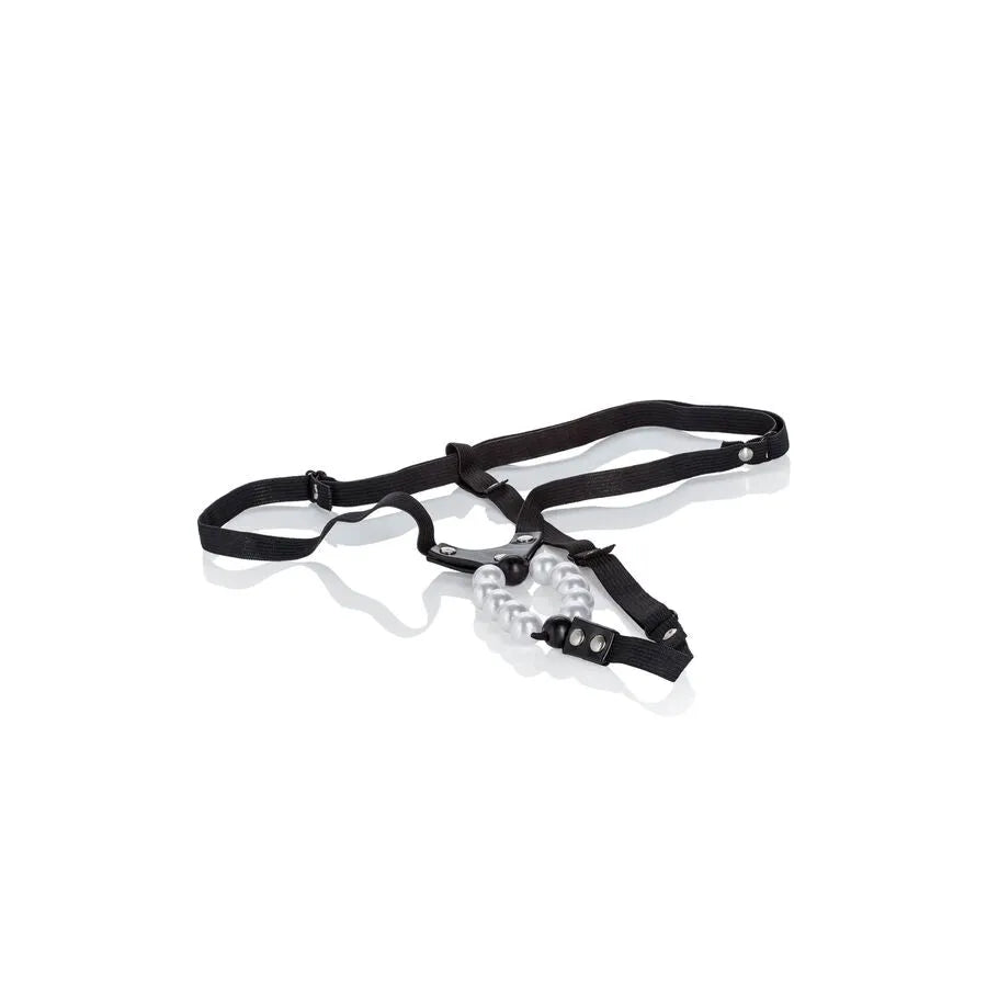 Anneau pénien noir ajustable avec perles en plastique, design ergonomique pour stimulation couple et confort maximal.