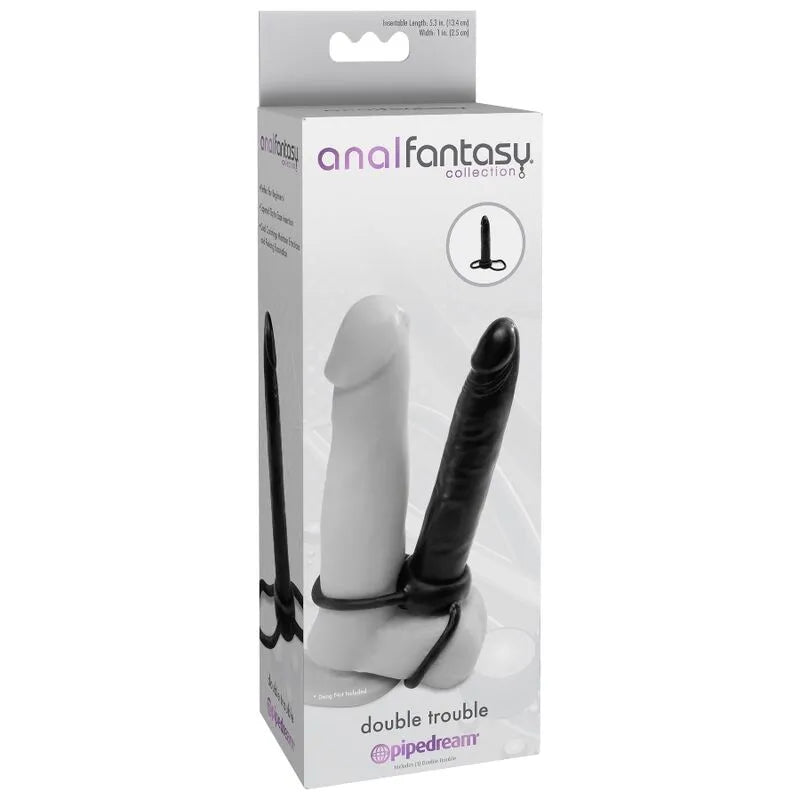 Anneau pénien noir avec stimulateur anal en silicone souple, forme conique, sur emballage blanc et noir.