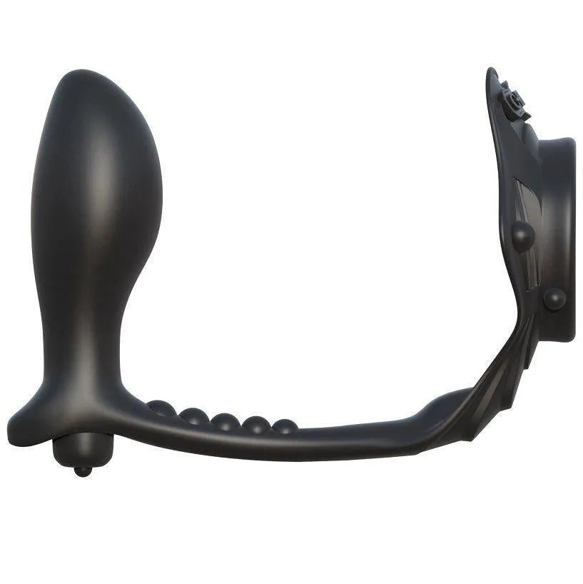 Anneau pénien noir en silicone avec stimulateur de prostate intégré, design ergonomique et extensible pour confort optimal.