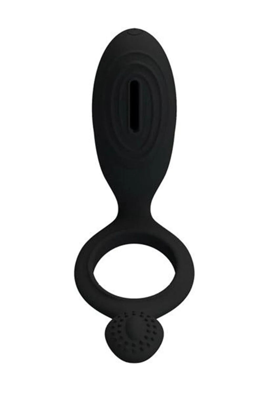 Anneau pénien vibrant noir en silicone avec stimulateur clitoridien et picots, extensible, piles incluses.