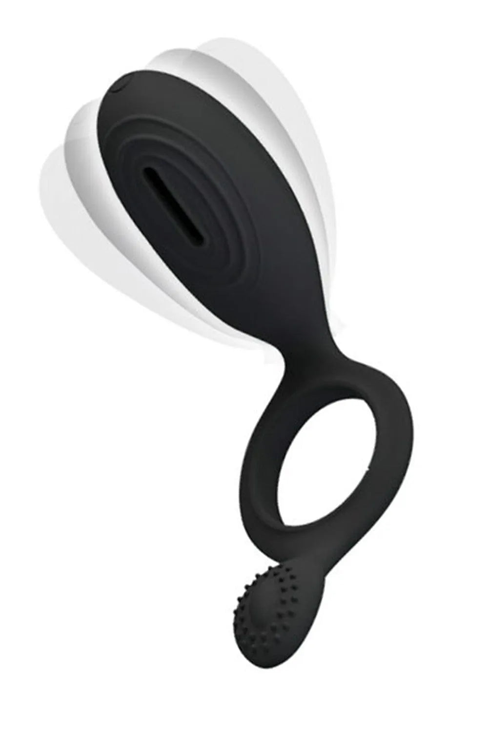 Anneau pénien vibrant noir en silicone avec stimulateur clitoridien et picots anaux, extensible, piles incluses.