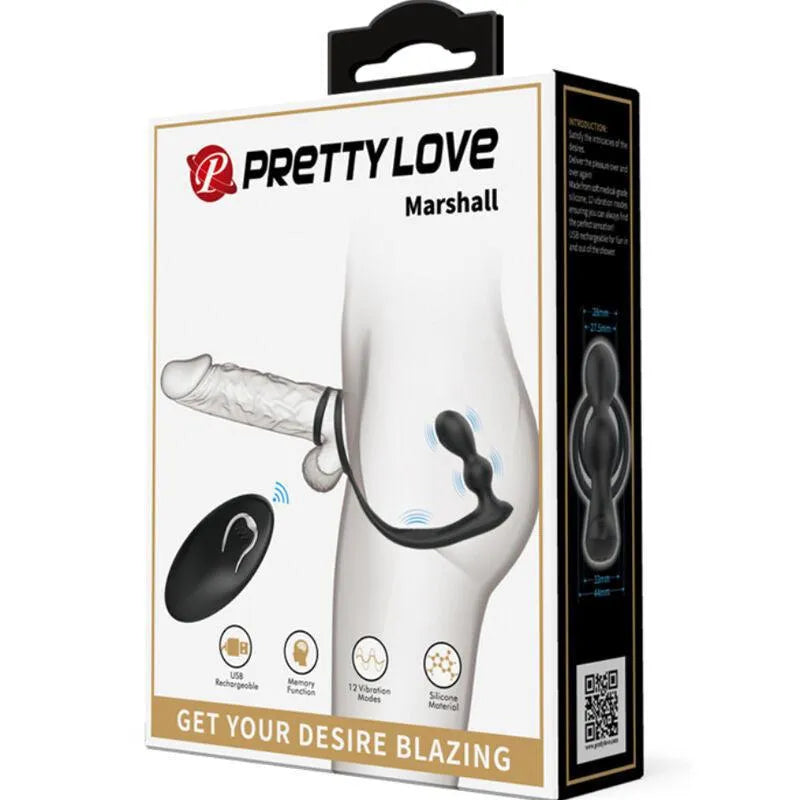 Anneau pénien vibrant noir avec plug anal en silicone, télécommande sans fil, design ergonomique sur fond blanc.