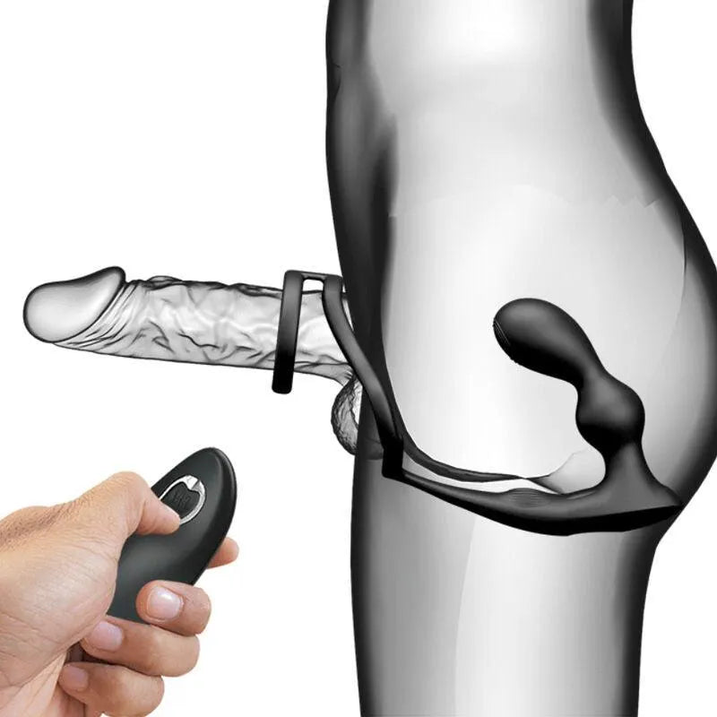 Anneau pénien vibrant noir avec plug anal en silicone, télécommande sans fil, design ergonomique, étanche.