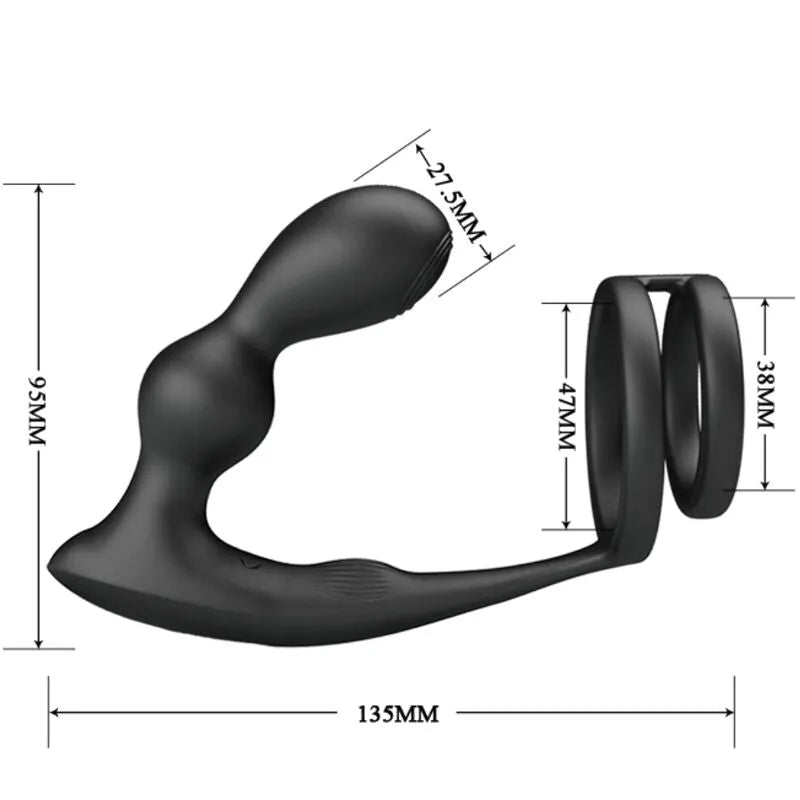 Anneau pénien vibrant noir avec plug anal en silicone, design ergonomique, dimensions visibles, télécommande sans fil.