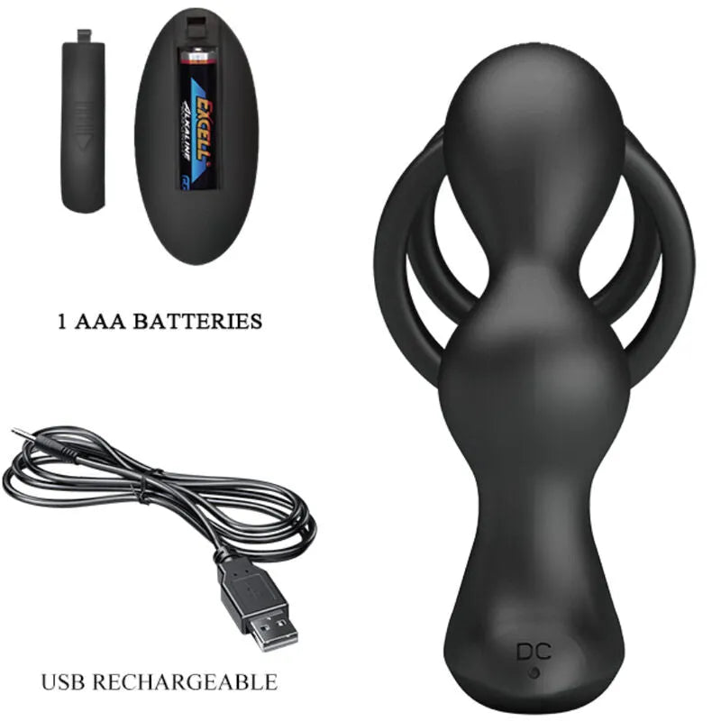 Anneau pénien vibrant noir avec plug anal, télécommande sans fil, silicone doux, rechargeable, design ergonomique.