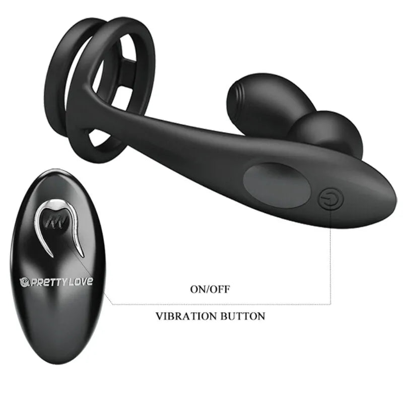 Anneau pénien vibrant noir avec plug anal, télécommande sans fil, silicone doux, design ergonomique et étanche.
