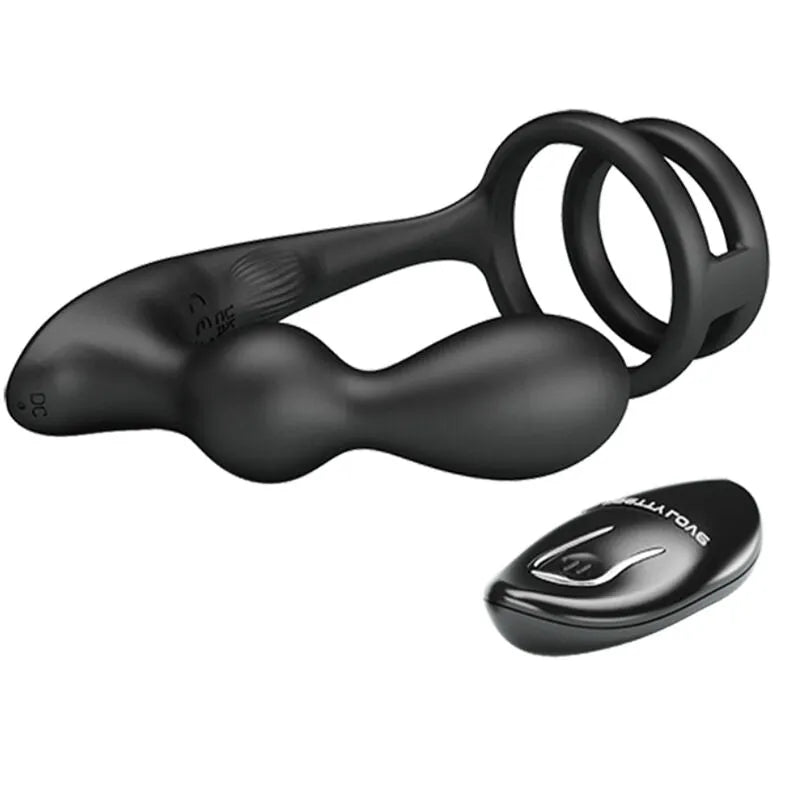 Anneau pénien vibrant noir avec plug anal et télécommande, silicone doux, design ergonomique, étanche, rechargeable.