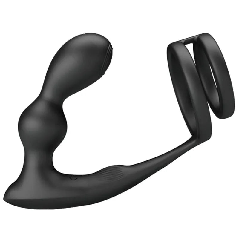 Anneau pénien vibrant noir avec plug anal, silicone doux, design ergonomique, télécommande sans fil, étanche.