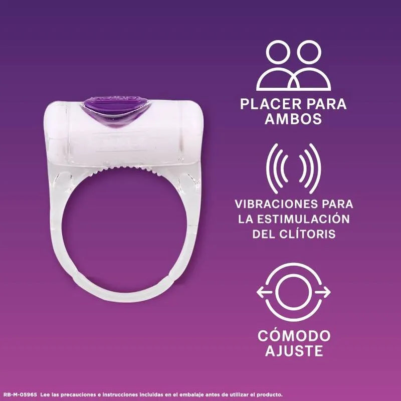 Anneau vibrant Durex en silicone blanc, compact et discret, offrant 20 minutes de vibrations pour intensifier le plaisir.