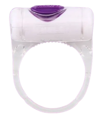 Anneau vibrant Durex transparent et violet, compact et discret, en silicone hypoallergénique pour intensité et confort.
