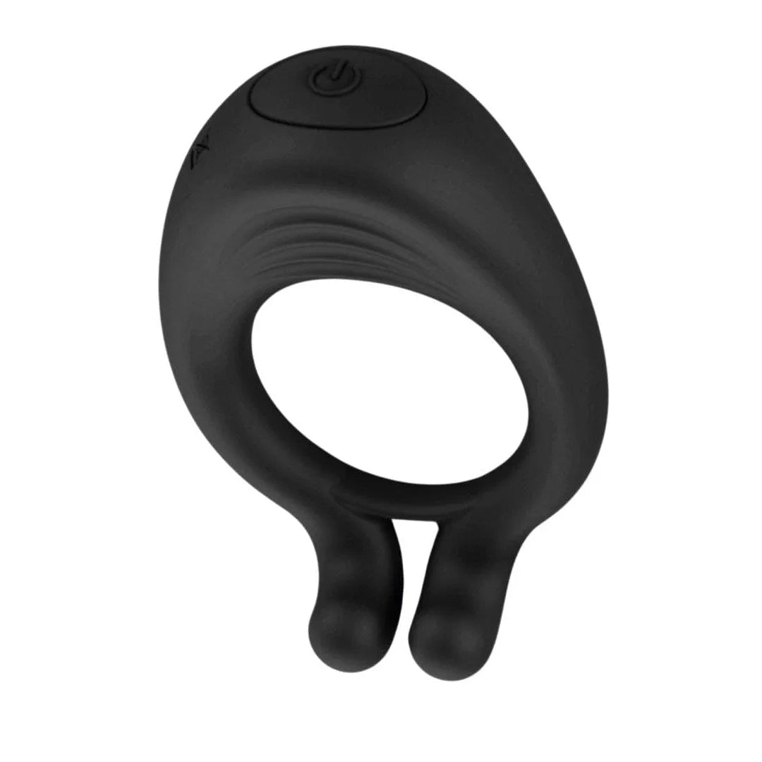 Anneau vibrant noir en silicone doux, double anneaux, design ergonomique, étanche, sans phtalates, pour bien-être intime.