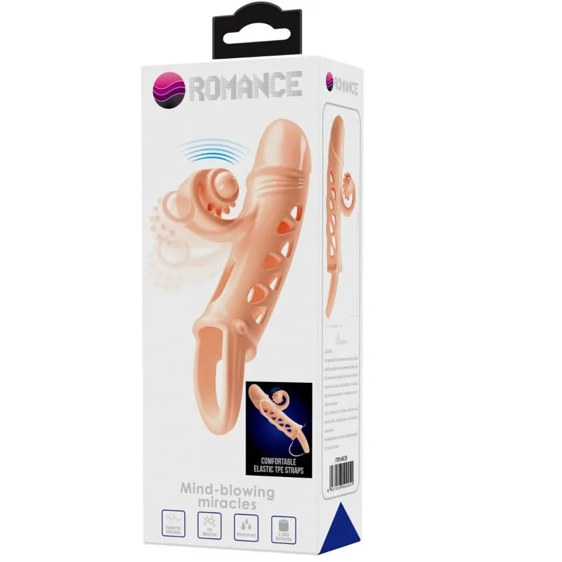 Anneau vibrant silicone naturel beige, ergonomique, flexible, sur emballage, stimulation puissante, usage intime.