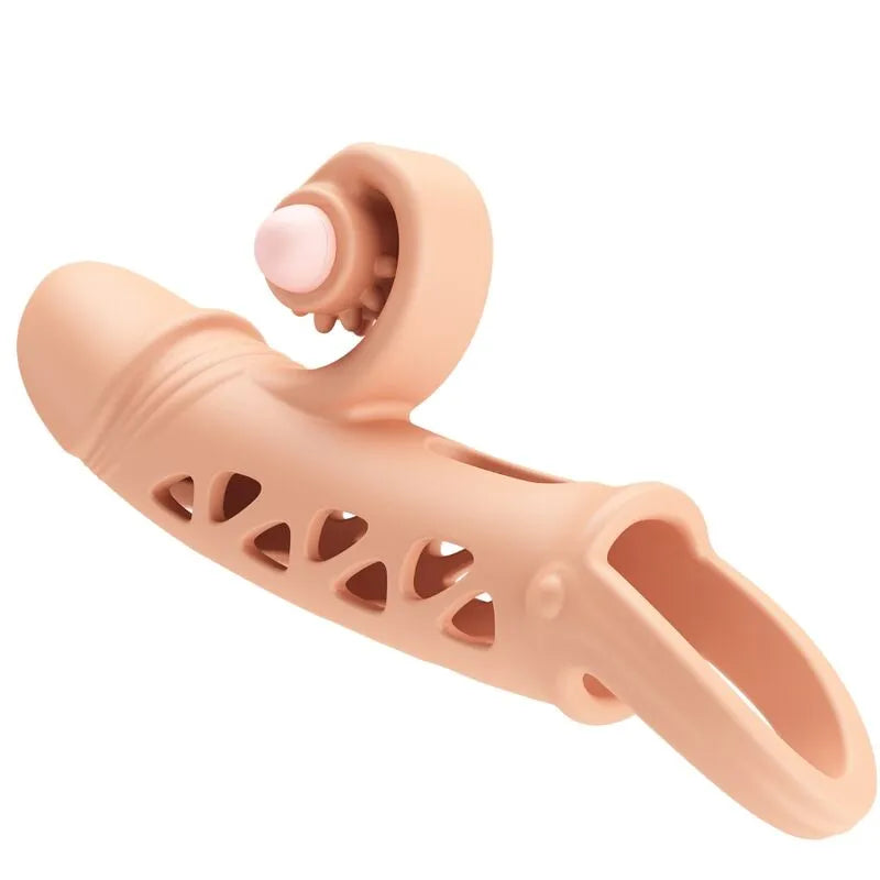 Anneau vibrant silicone naturel beige, ergonomique, flexible, avec stimulateur intégré et texture ajourée pour couple.