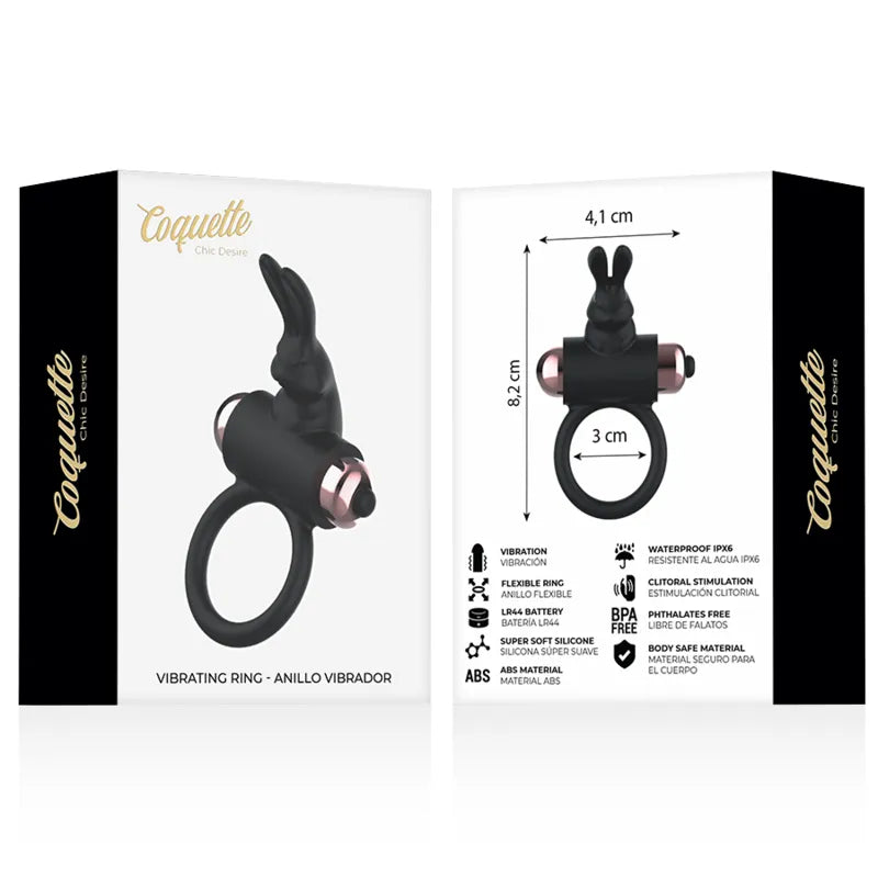 Anneau pénien vibrant noir en silicone, forme compacte, oreilles stimulantes, étanche IPX6, pour couples.