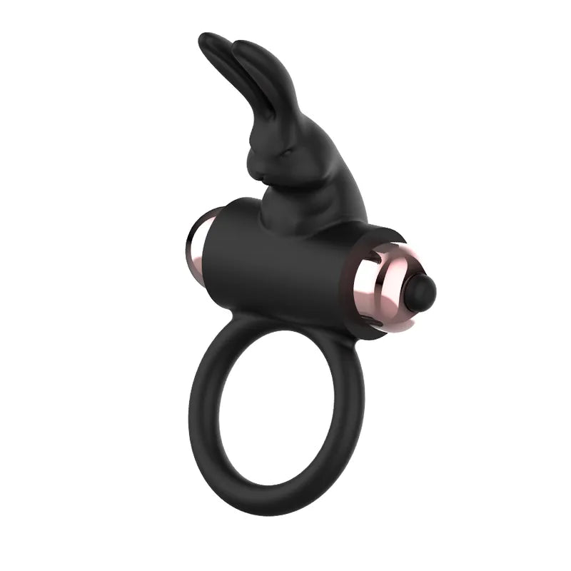 Anneau pénien vibrant noir silicone, forme lapin, étanche IPX6, compact, pour stimulation couple et maintien érection.