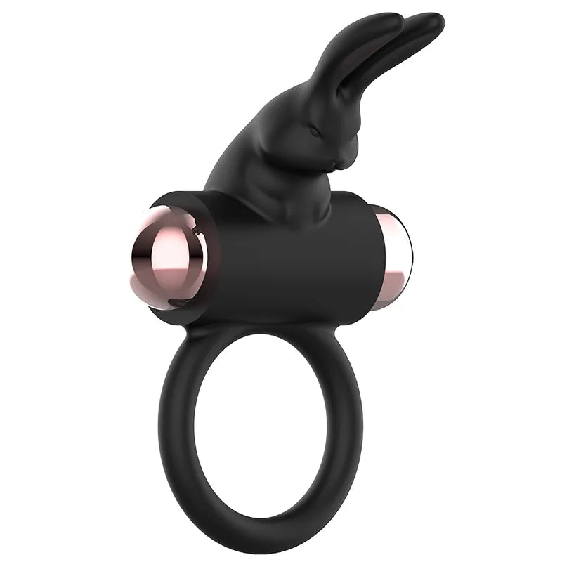 Anneau pénien vibrant noir en silicone avec motif lapin, compact et étanche, pour stimulation couple et maintien érection.
