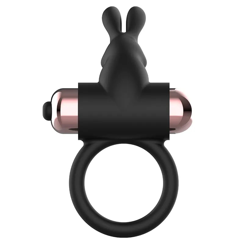 Anneau pénien vibrant noir en silicone avec stimulateur, design ergonomique, compact, étanche IPX6, pour couples.