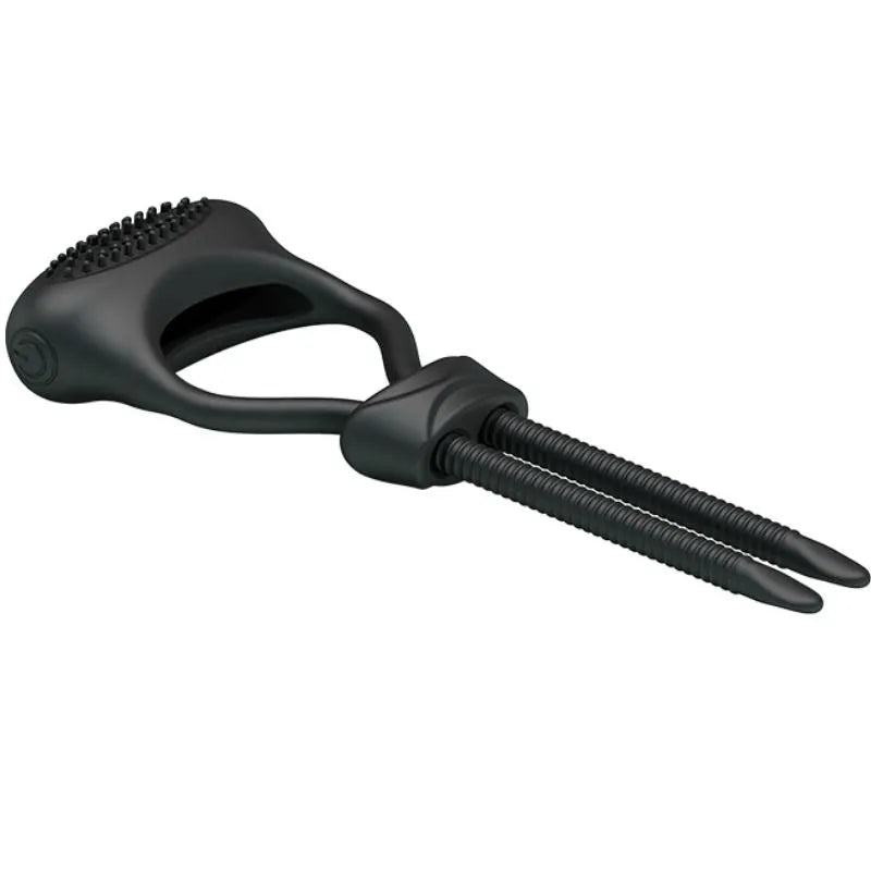 Anneau pénien vibrant noir en silicone doux avec tentacules réglables, compact et étanche pour érections prolongées.