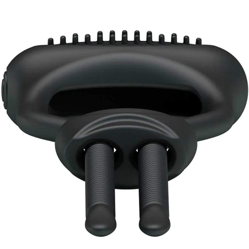 Anneau pénien vibrant noir en silicone avec tentacules réglables, surface texturée, compact et étanche.