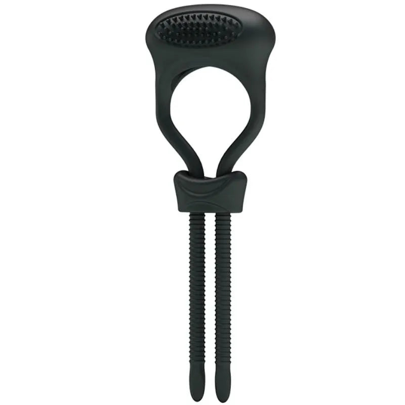 Anneau pénien vibrant noir en silicone doux, réglable, avec tentacules et balle compacte pour érections prolongées.