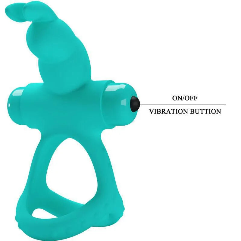 Anneau vibrant silicone vert, forme lapin, stimulation clitoridienne, oreilles ergonomiques, étanche, 10 fonctions.