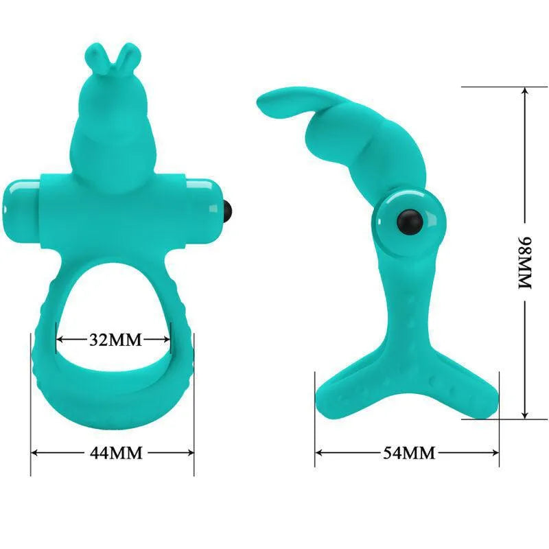 Anneau vibrant vert silicone forme lapin, stimulation clitoridienne, oreilles ergonomiques, extensible, étanche.
