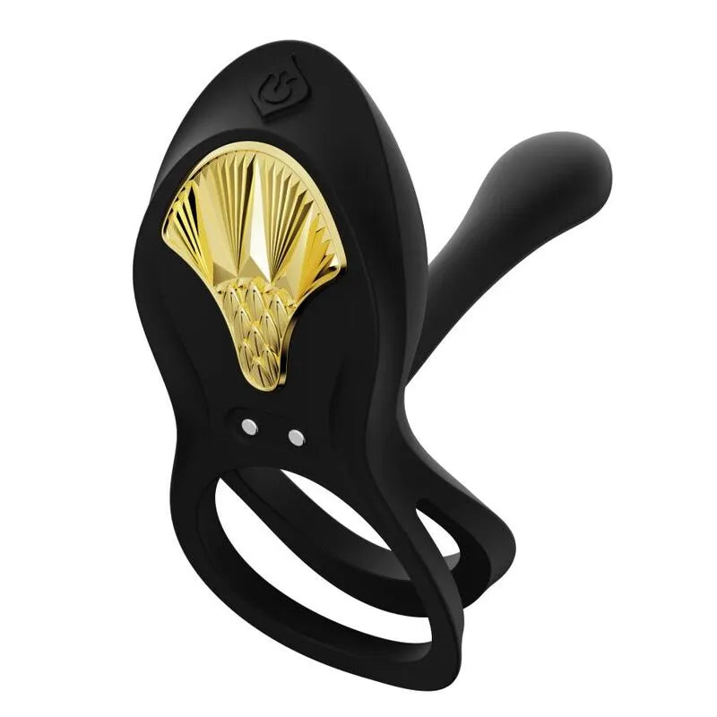 Anneau pénien vibrant noir en silicone ergonomique avec détails dorés, télécommande, modes vibration personnalisables.