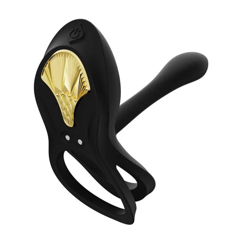 Anneau pénien vibrant noir en silicone avec détails dorés, ergonomique, télécommande, stimulation clitoridienne et scrotale.