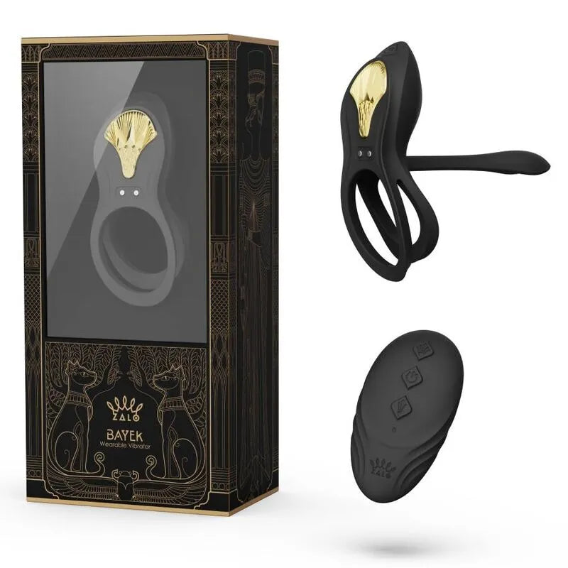 Anneau pénien vibrant noir ergonomique en silicone avec télécommande, présenté dans un emballage élégant noir et or.