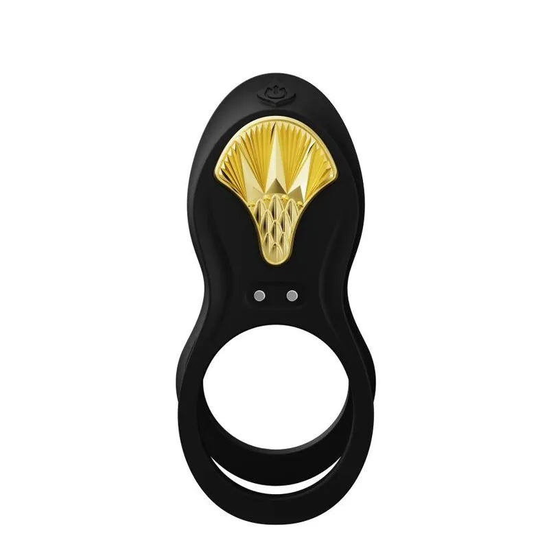 Anneau pénien vibrant noir en silicone avec détails dorés, ergonomique, modes de vibration, stimulation clitoridienne.