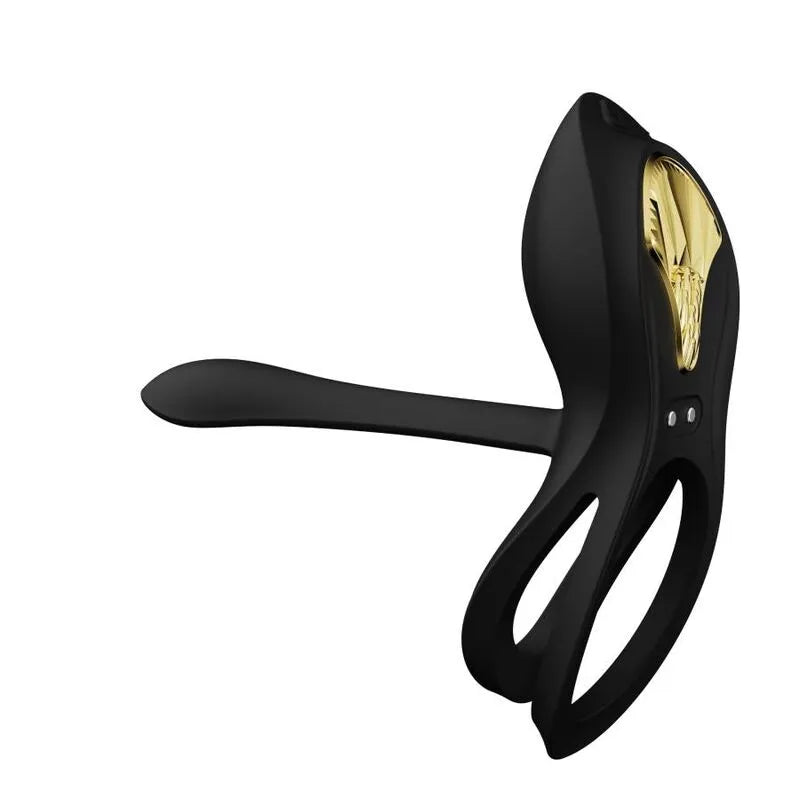 Anneau pénien vibrant noir en silicone avec détails dorés, ergonomique, rechargeable USB, télécommande, double stimulation.