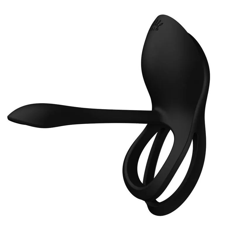 Anneau pénien vibrant noir en silicone ergonomique avec télécommande, double stimulation clitoridienne et scrotale.