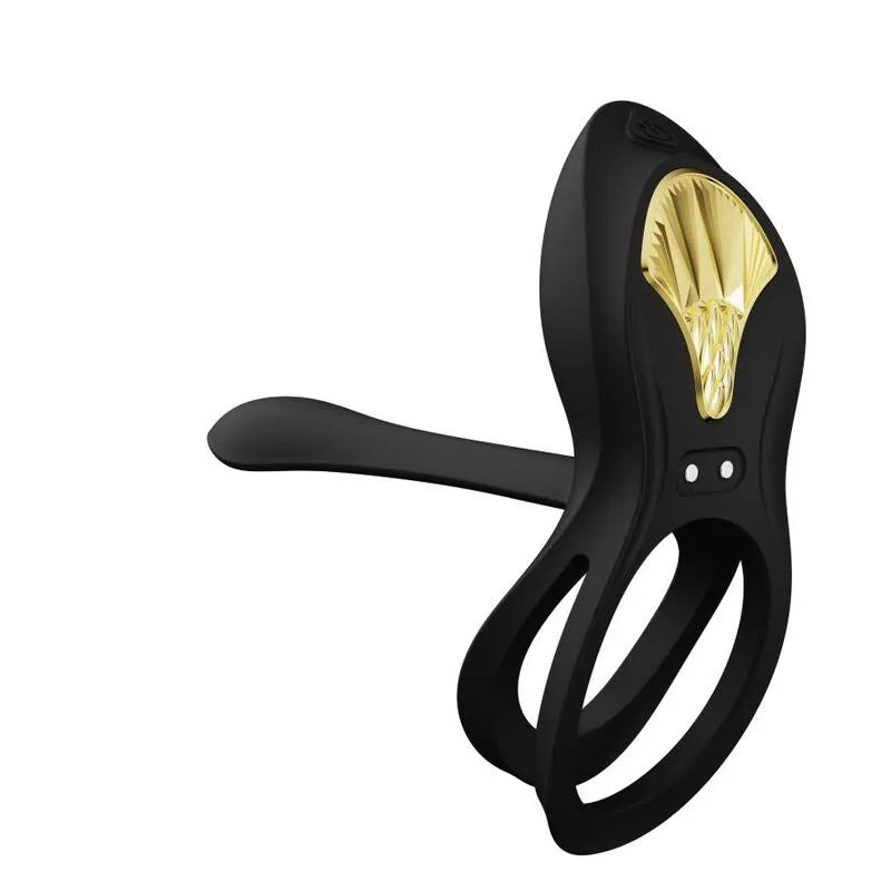 Anneau pénien vibrant noir en silicone avec détails dorés, design ergonomique, double stimulation clitoridienne et scrotale.