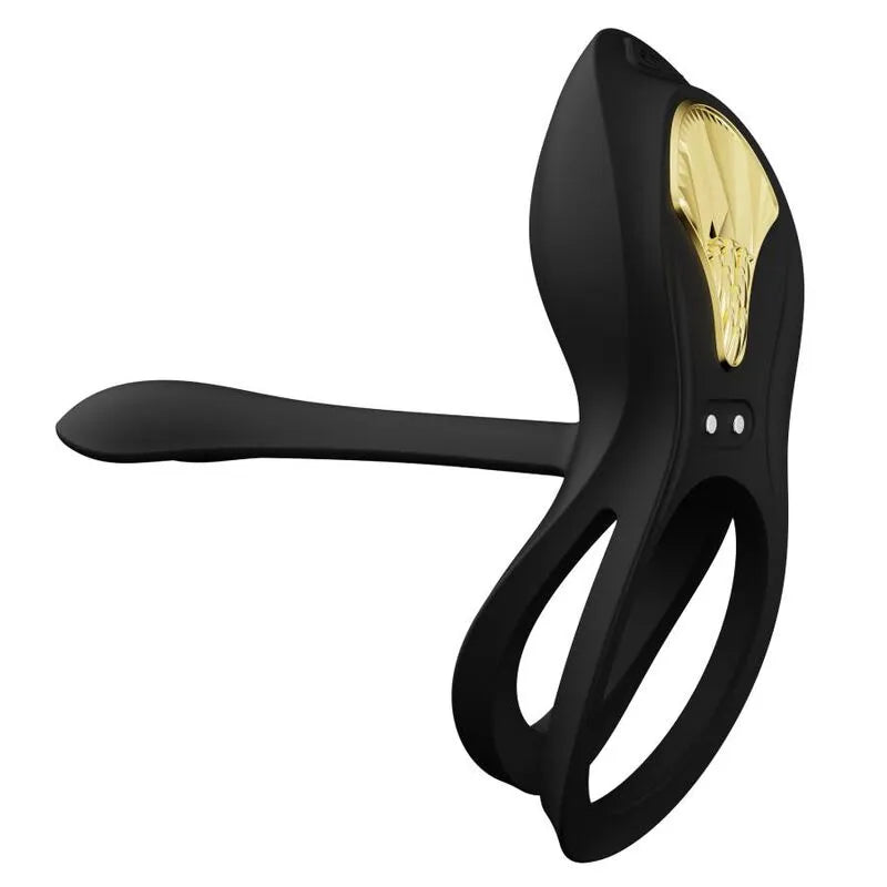 Anneau pénien vibrant noir en silicone avec détails dorés, design ergonomique, modes vibration, stimulation clitoridienne.