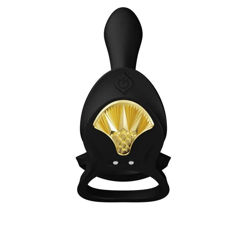 Anneau pénien vibrant noir en silicone ergonomique avec détails dorés, télécommande et modes de vibration personnalisables.