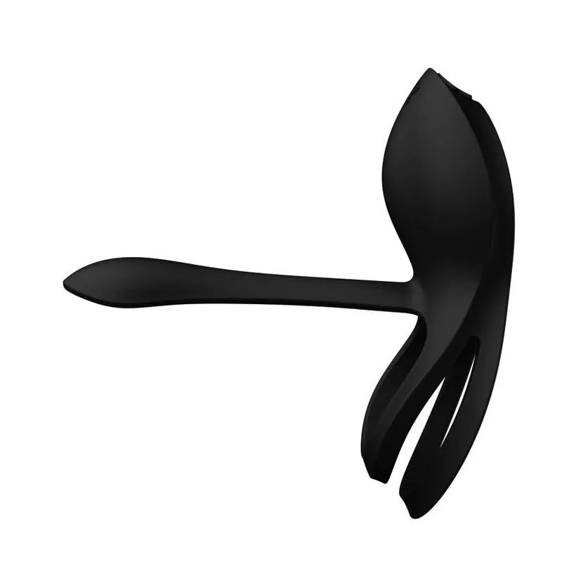 Anneau pénien vibrant noir ergonomique en silicone, design élégant, stimulation clitoridienne et scrotale, modes variés.